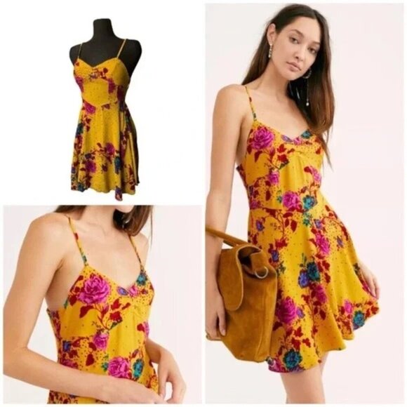 FREE PEOPLE Never Be Mine Floral Cute Yellow mini  Slip Dress in size XS - Picture 7 of 11